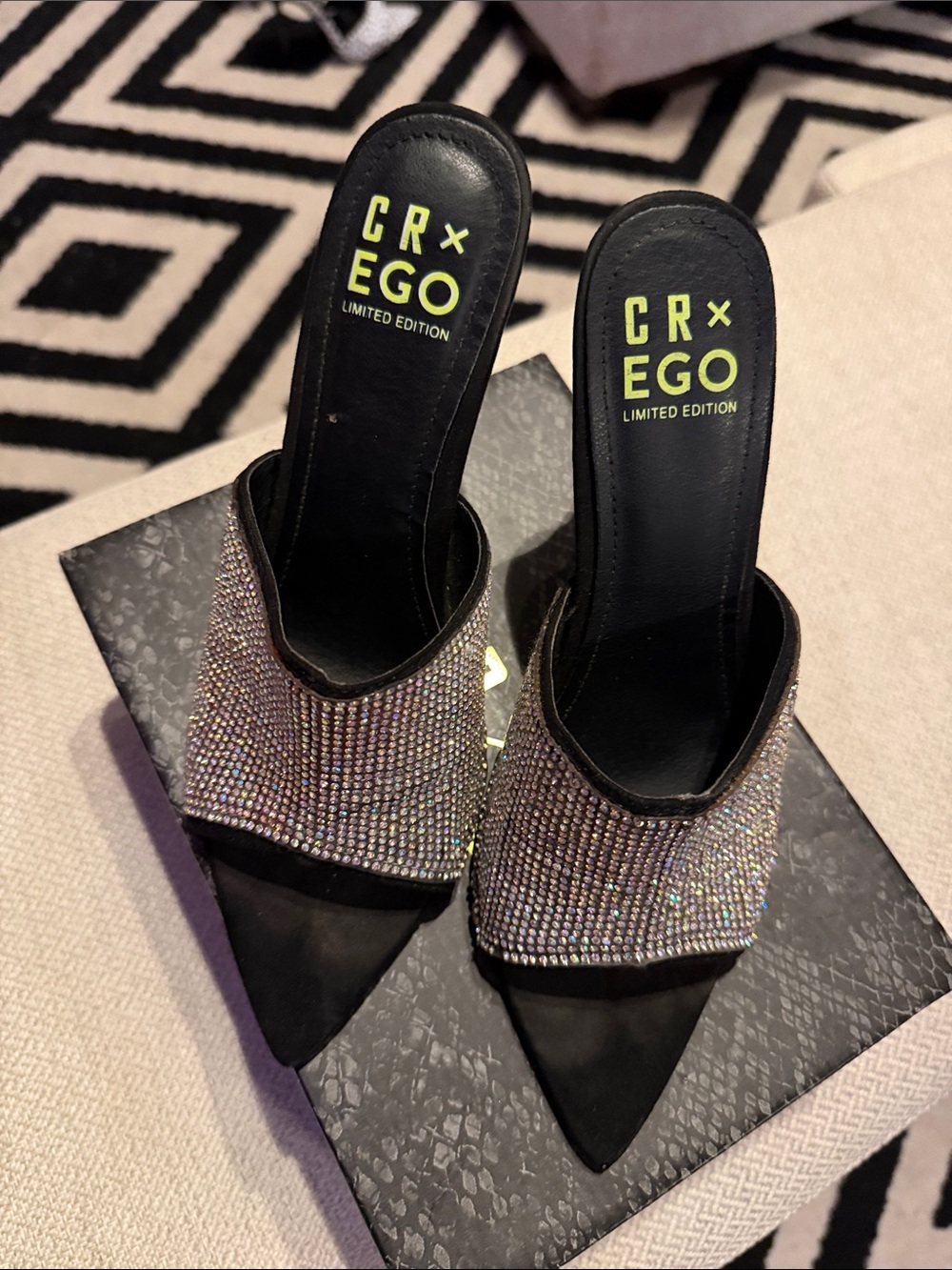 Women's Black Rhinestone Slip-On Mules